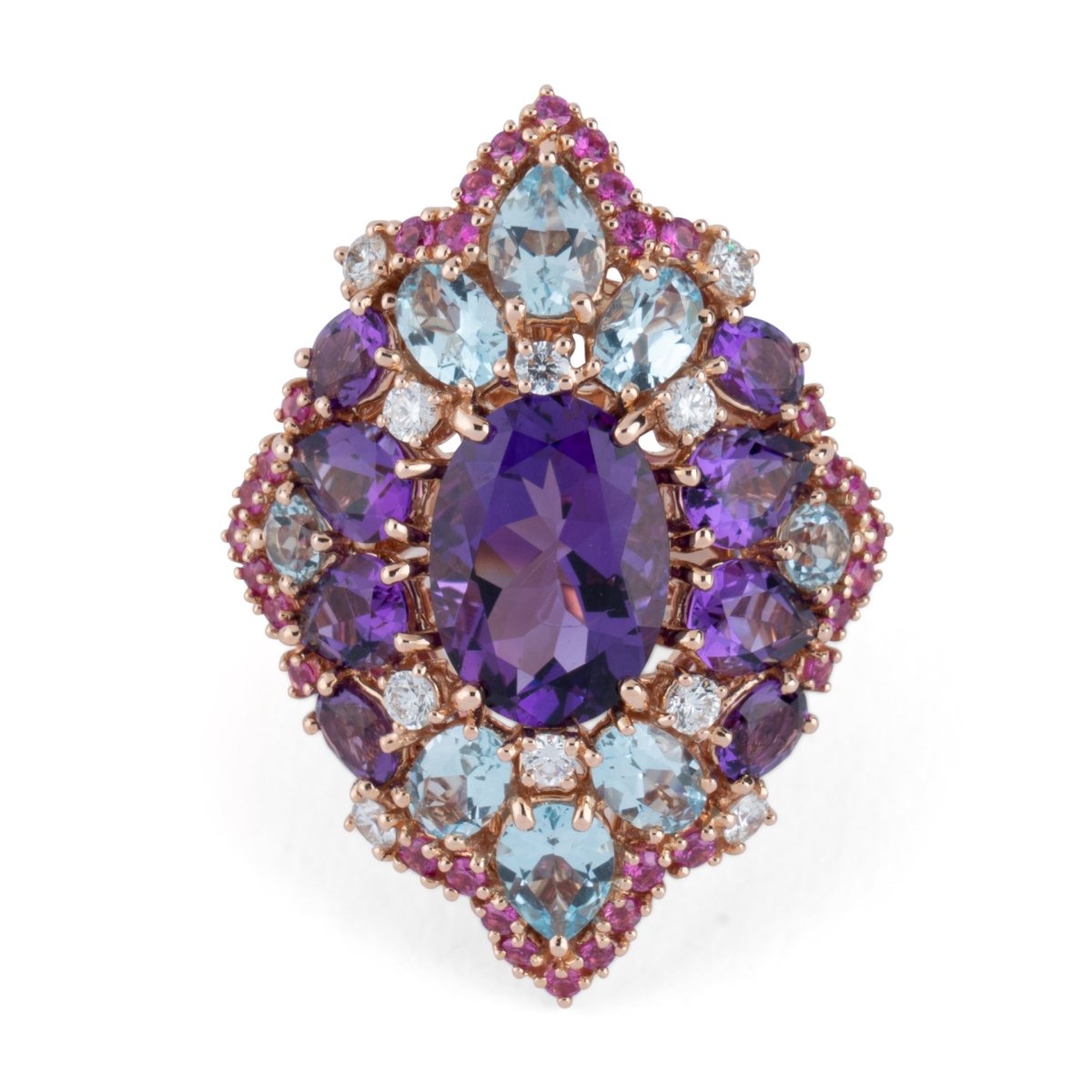 Bague et boucles d'oreilles en or jaune, améthystes, diamants, saphirs roses et topazes - Castafiore