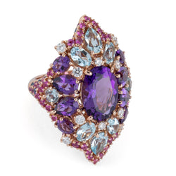 Bague et boucles d'oreilles en or jaune, améthystes, diamants, saphirs roses et topazes - Castafiore