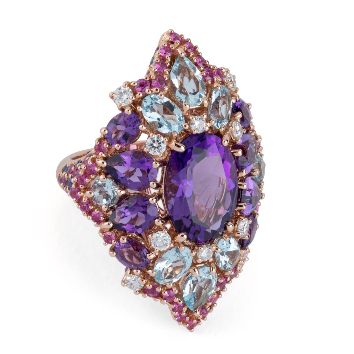 Bague et boucles d'oreilles en or jaune, améthystes, diamants, saphirs roses et topazes - Castafiore