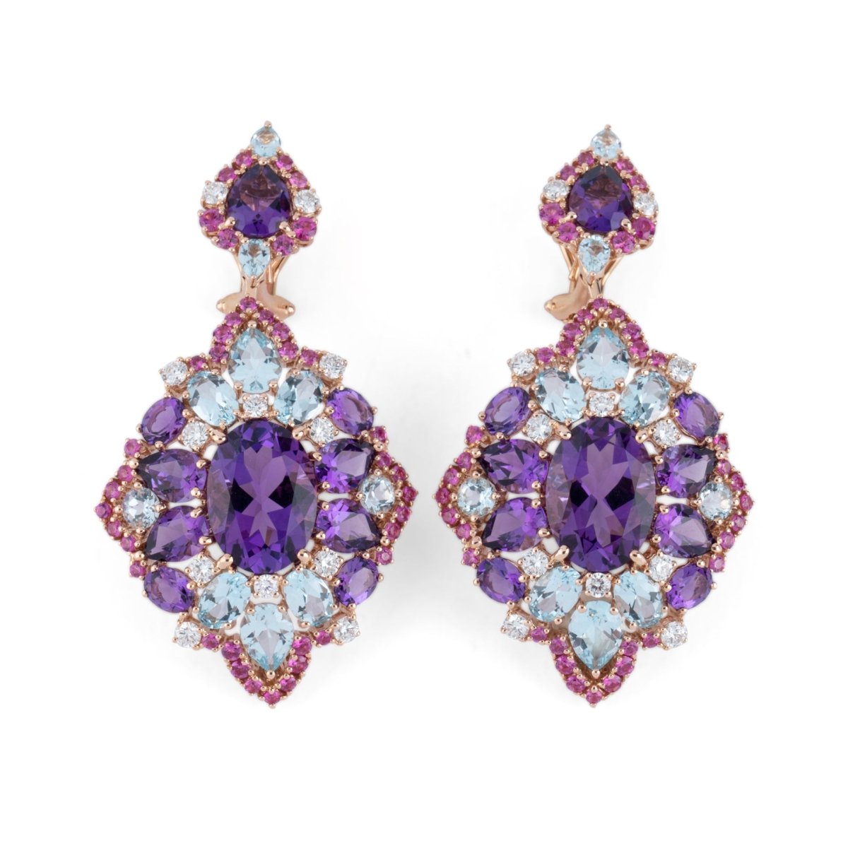 Bague et boucles d'oreilles en or jaune, améthystes, diamants, saphirs roses et topazes - Castafiore