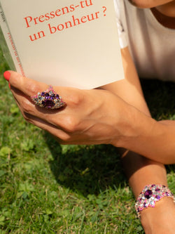 Bague et boucles d'oreilles en or jaune, améthystes, diamants, saphirs roses et topazes - Castafiore