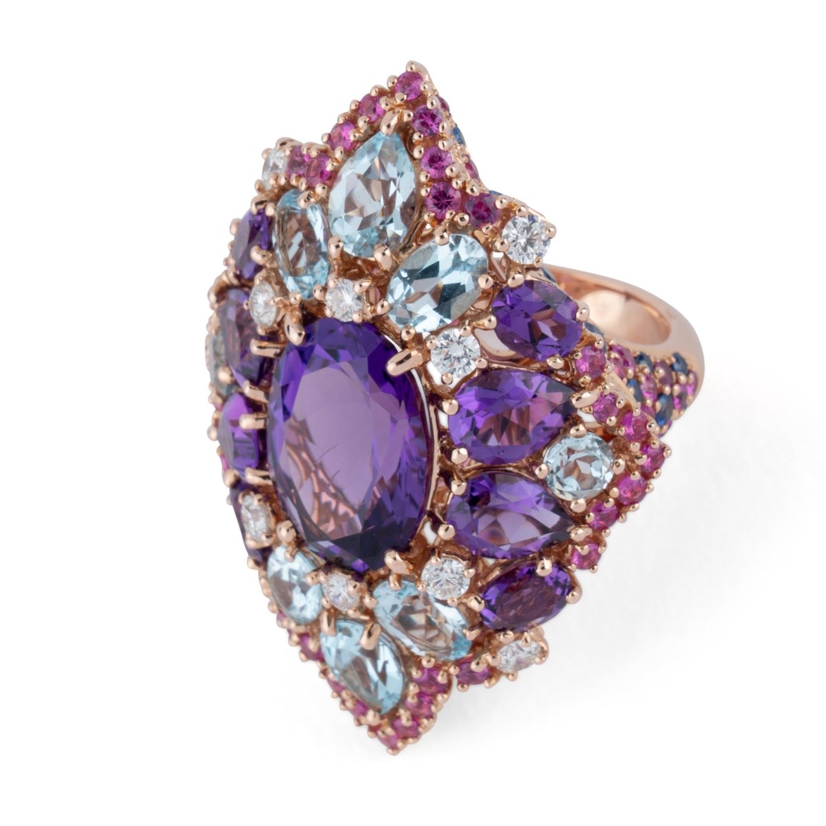 Bague et boucles d'oreilles en or jaune, améthystes, diamants, saphirs roses et topazes - Castafiore