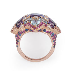 Bague et boucles d'oreilles en or jaune, améthystes, diamants, saphirs roses et topazes - Castafiore