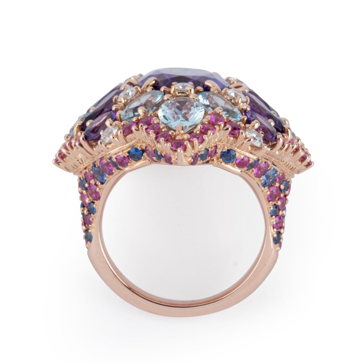 Bague et boucles d'oreilles en or jaune, améthystes, diamants, saphirs roses et topazes - Castafiore