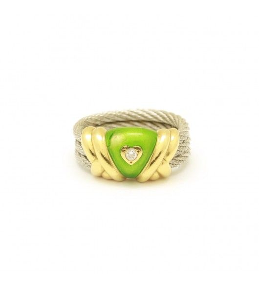 Bague FRED "Force 10" en or jaune et acier, diamant et émail vert - Castafiore