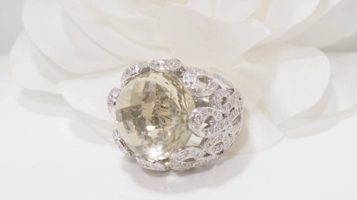 Bague importante or blanc diamants et citrine - Castafiore