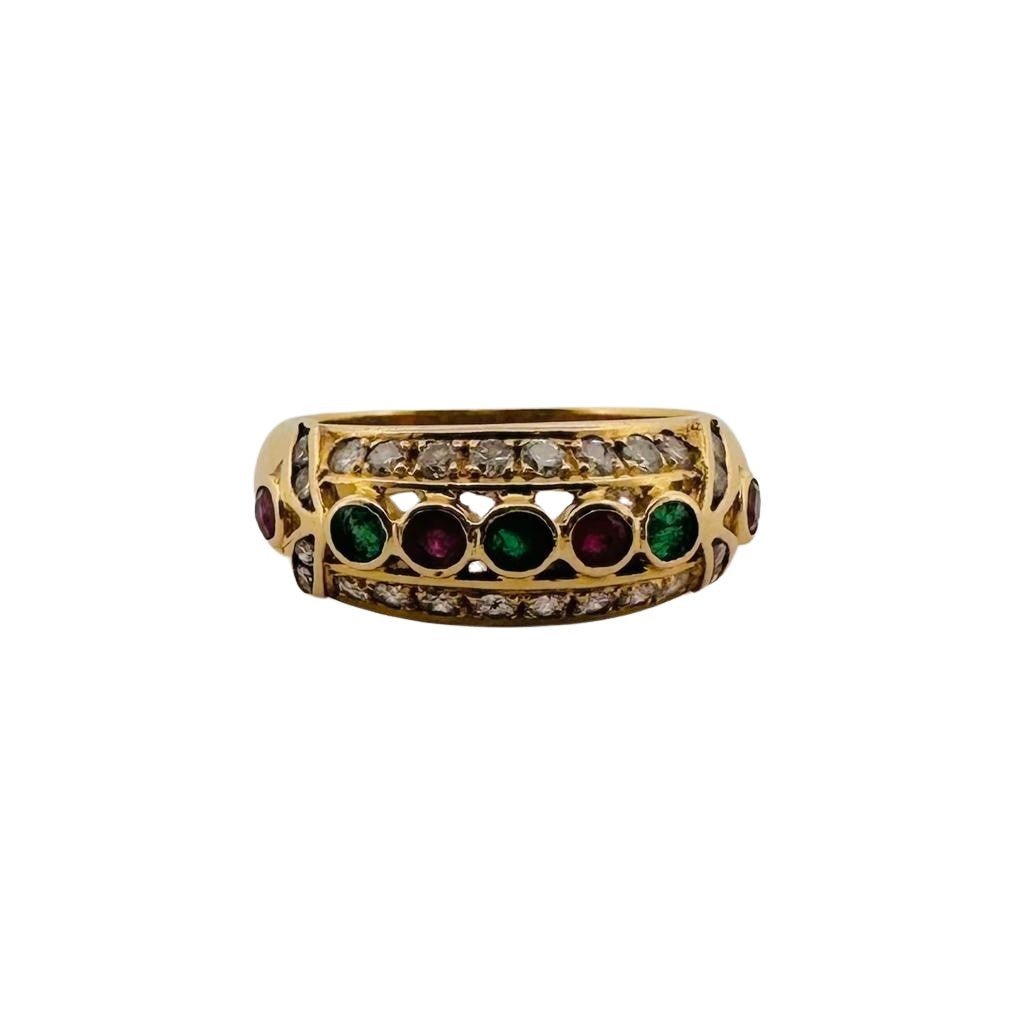 Bague Jonc en or jaune, émeraudes , rubis et pierres blanches - Castafiore