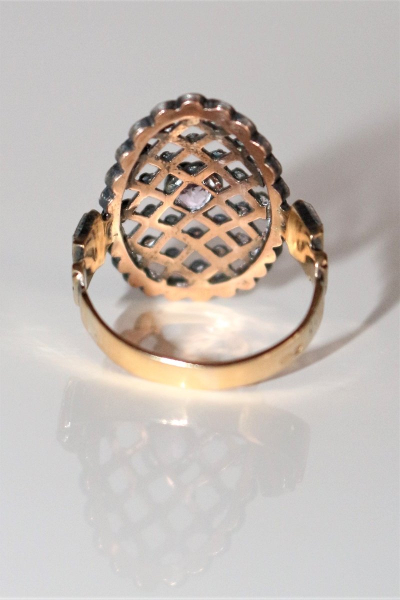 Bague Marquise en or jaune et argent et en pyrites, améthyste et pierres roses - Castafiore