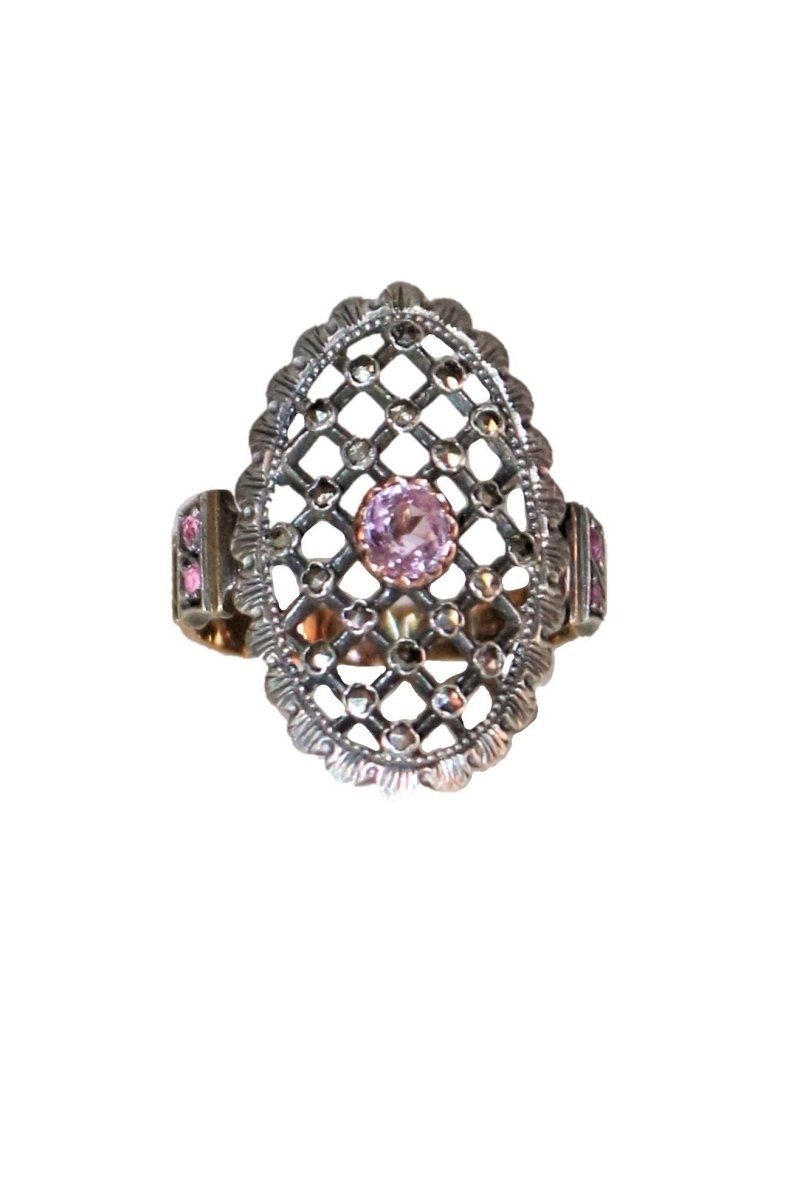 Bague Marquise en or jaune et argent et en pyrites, améthyste et pierres roses - Castafiore