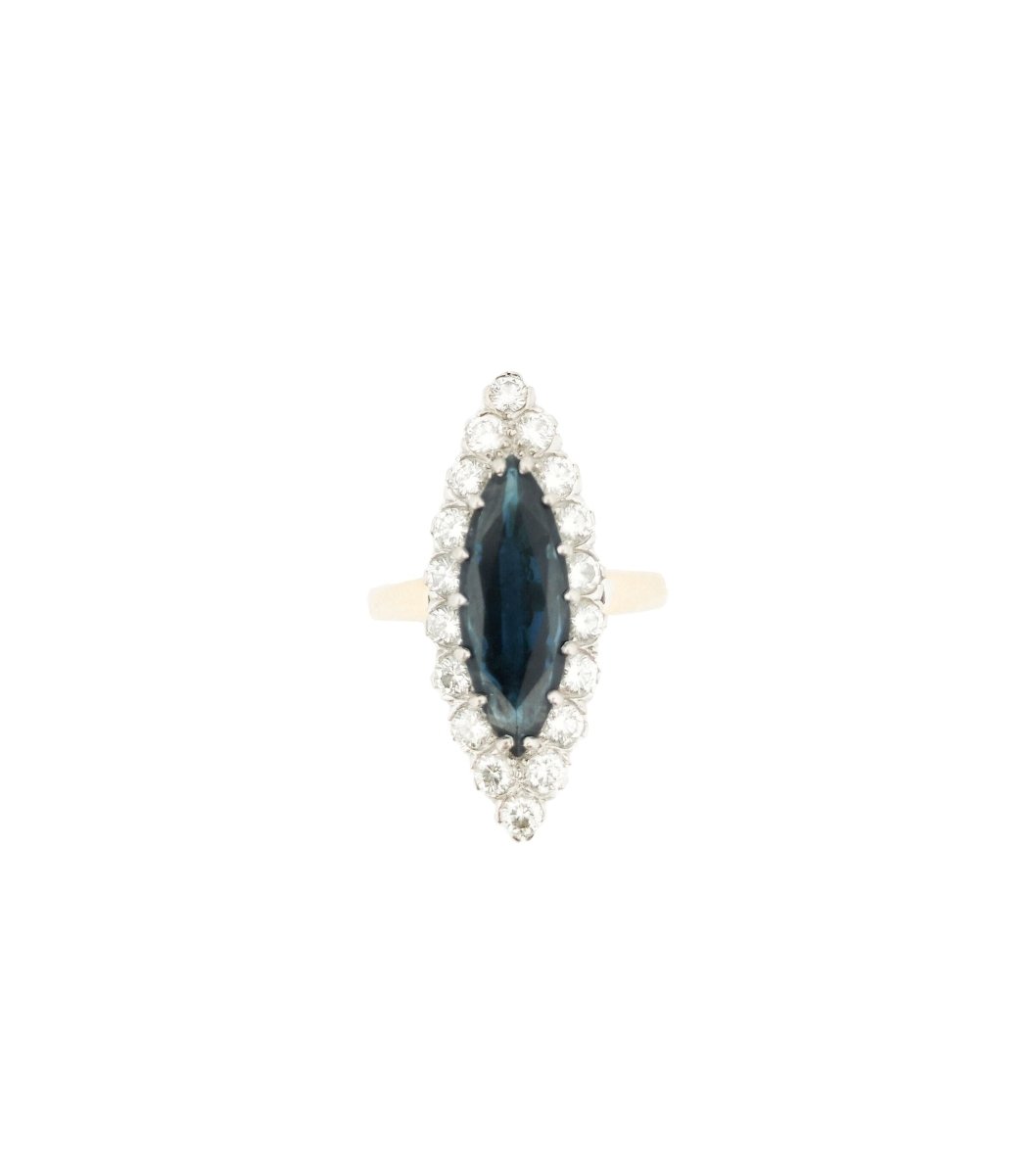 Bague Marquise en or jaune, saphir et diamants - Castafiore