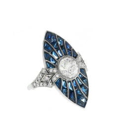 Bague Marquise en platine, saphirs et diamants - Castafiore