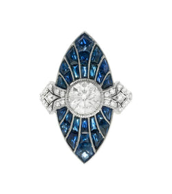 Bague Marquise en platine, saphirs et diamants - Castafiore