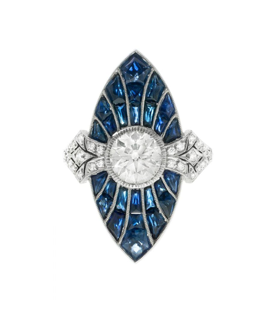 Bague Marquise en platine, saphirs et diamants - Castafiore