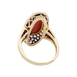 Bague Navette en or jaune, corail et diamants - Castafiore
