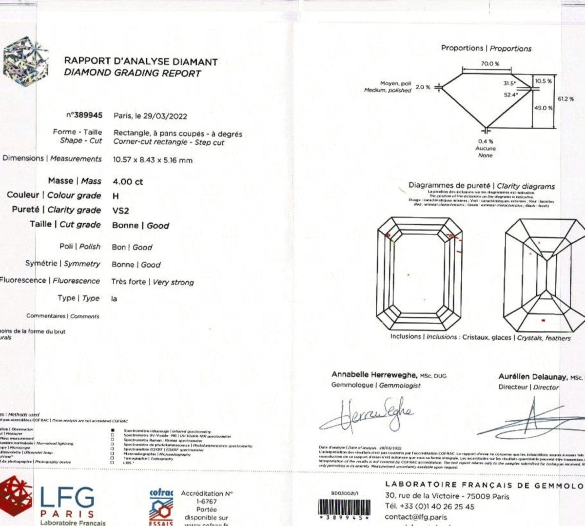 Bague or blanc, diamant taille émeraude 4 cts - Castafiore
