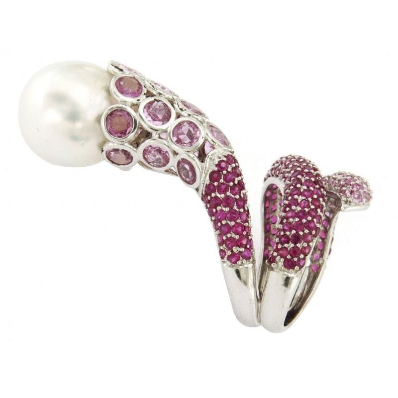 Bague or gris saphirs roses perle - Castafiore