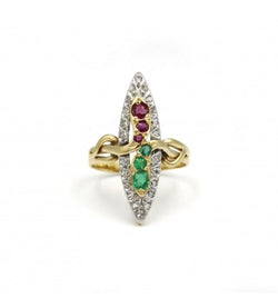 Bague - Or. Platine. Rubis. Emeraudes Et Diamants - Castafiore