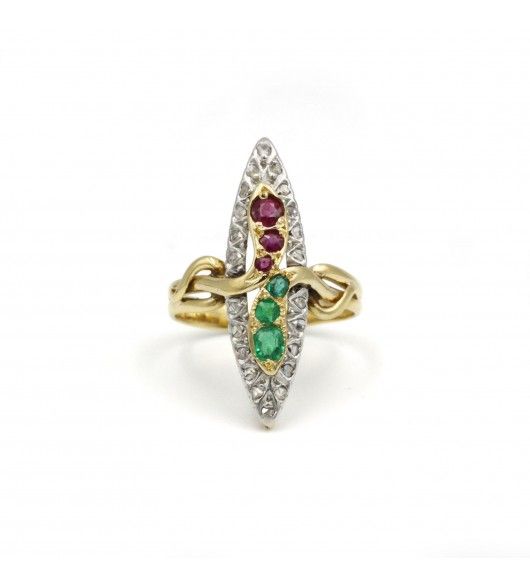 Bague - Or. Platine. Rubis. Emeraudes Et Diamants - Castafiore