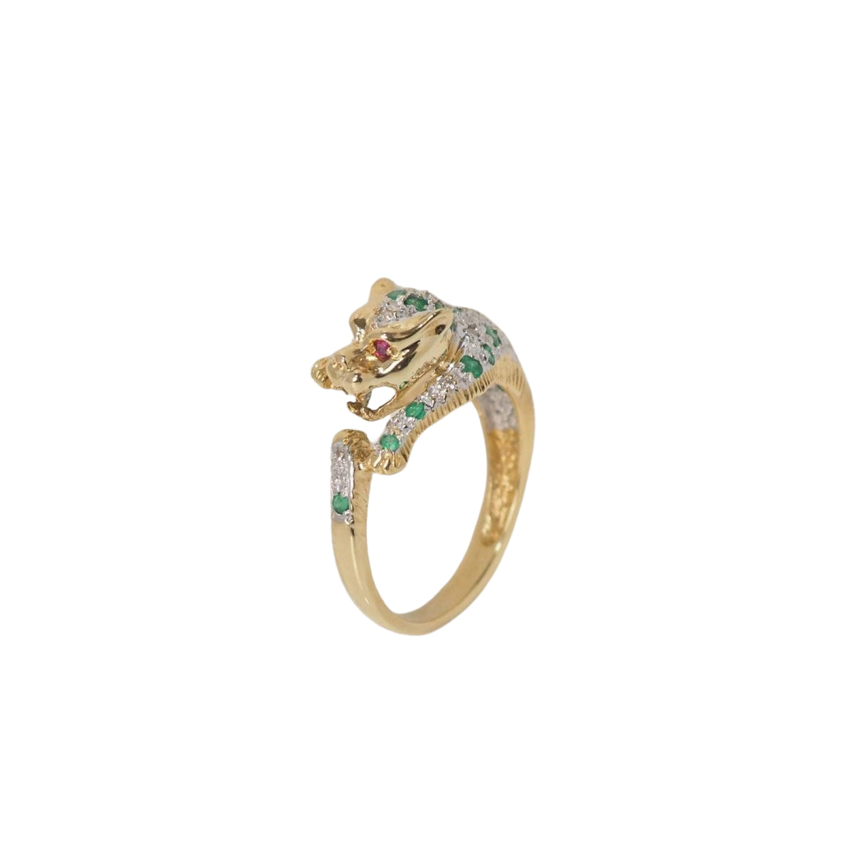 Bague panthère en or jaune, émeraudes et diamants - Castafiore