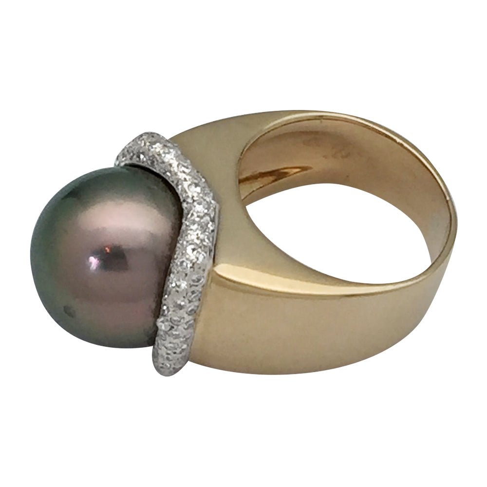 Bague perle de Tahiti, or jaune, diamants - Castafiore