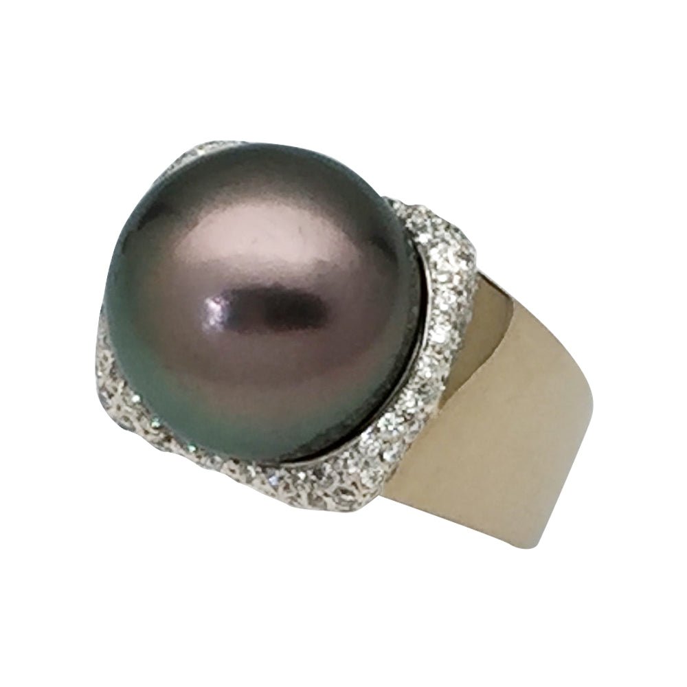 Bague perle de Tahiti, or jaune, diamants - Castafiore