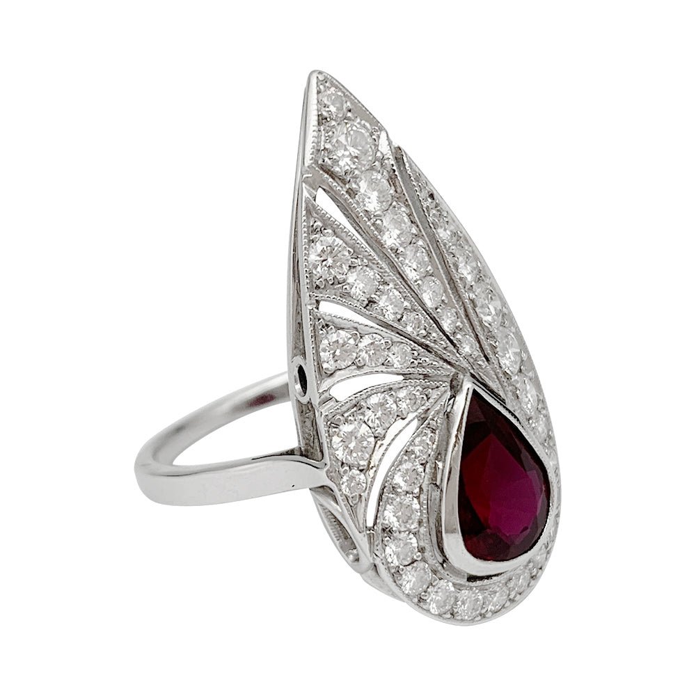 Bague platine, diamants, rubis de synthèse - Castafiore