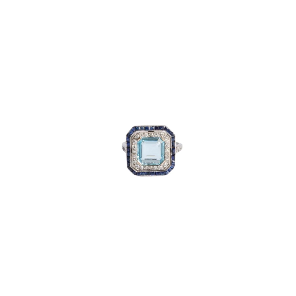 Bague sertie d'une aigue-marine et de saphirs baguettes - Castafiore