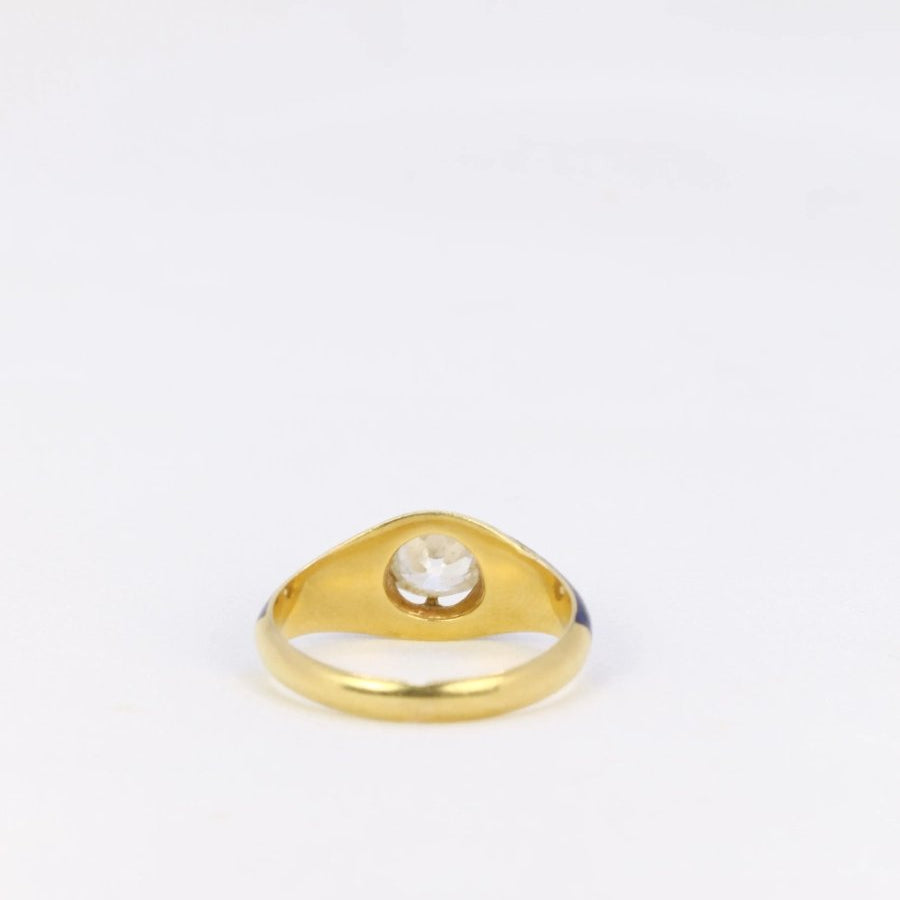 Bague solitaire en or jaune, émail bleu et diamant taille ancienne 0.9 ct - Castafiore
