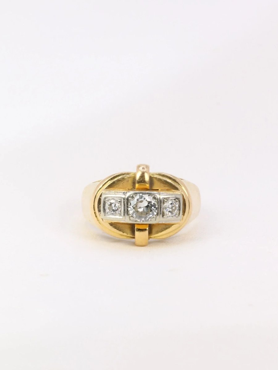 Bague tank Art-Déco en or jaune et diamants - Castafiore