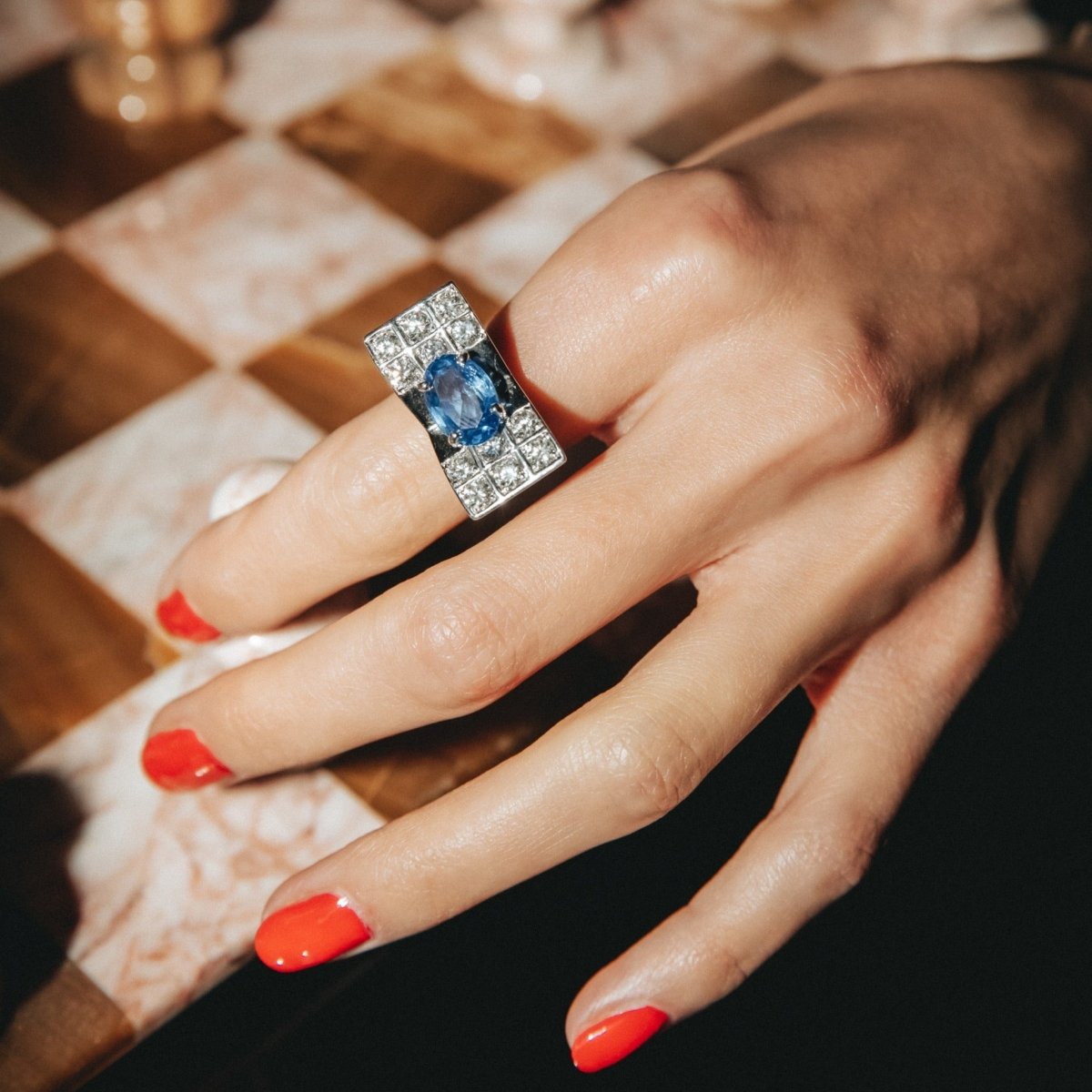 Bague Tank en or blanc saphir et diamants - Castafiore