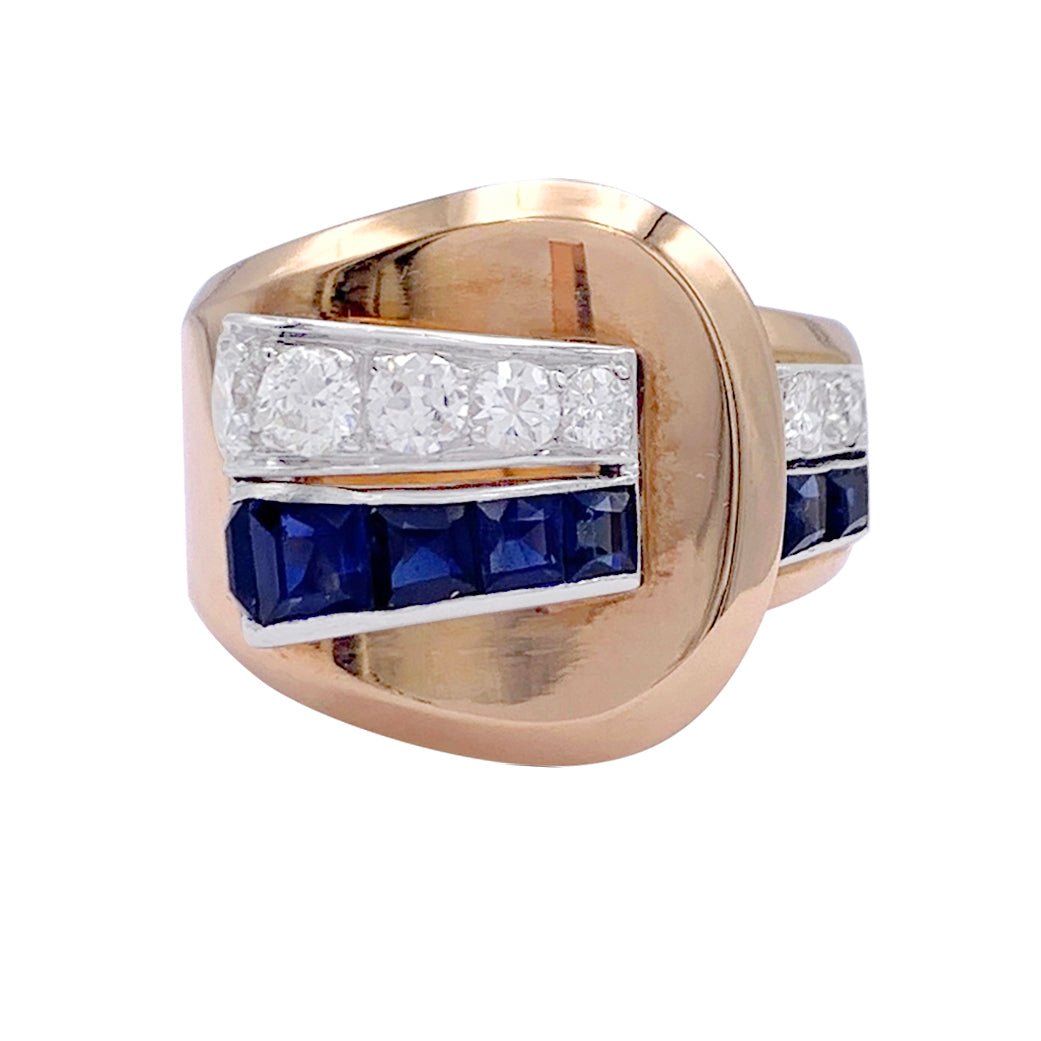 Bague Tank en or jaune, saphirs et diamants - Castafiore