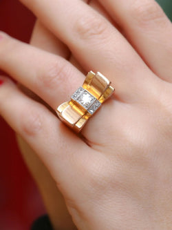 Bague tank en or, platine et diamant taille ancienne 0,55 ct - Castafiore