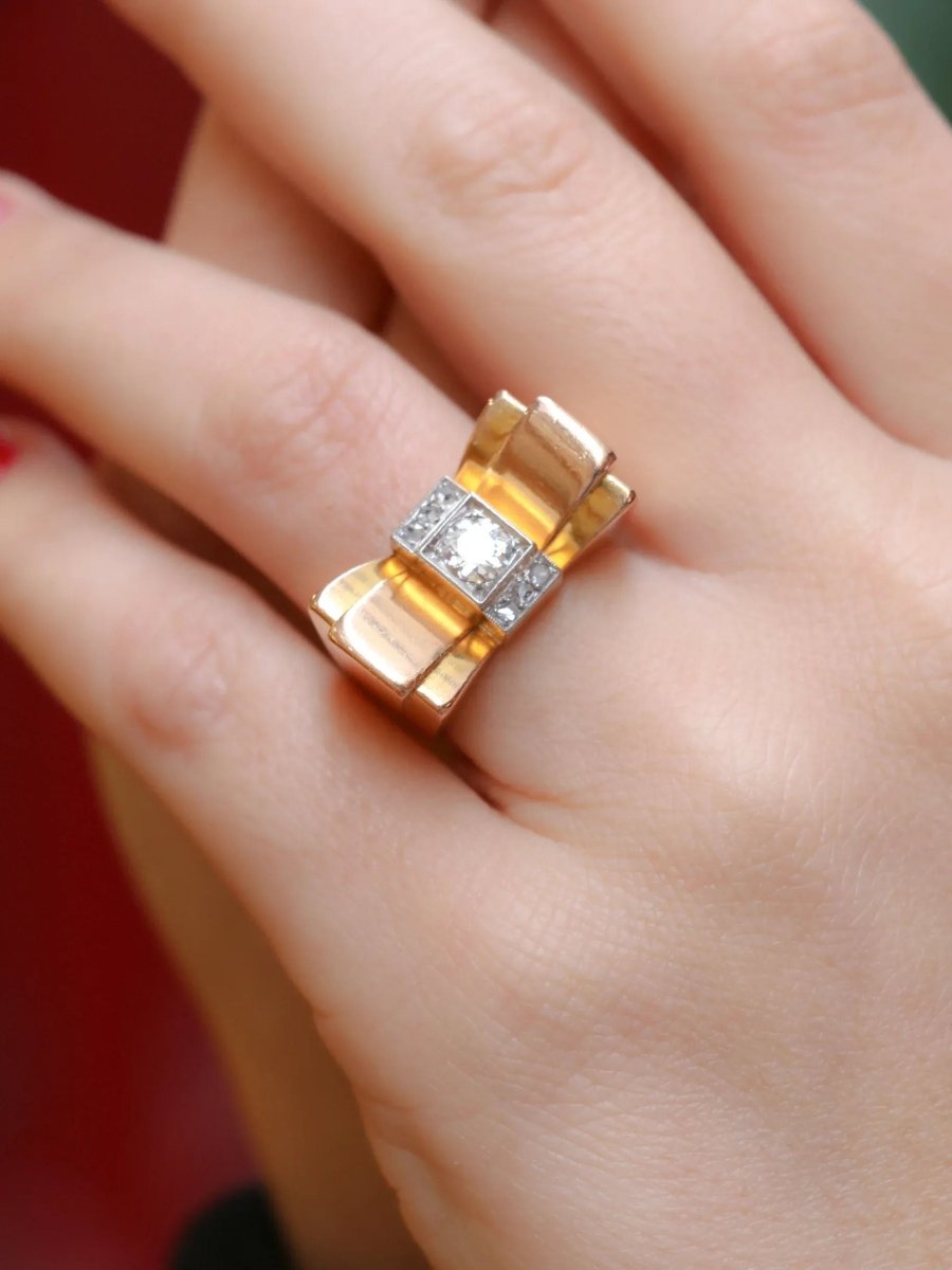 Bague tank en or, platine et diamant taille ancienne 0,55 ct - Castafiore