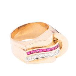 Bague tank en or rose,diamant et rubis de synthèses - Castafiore