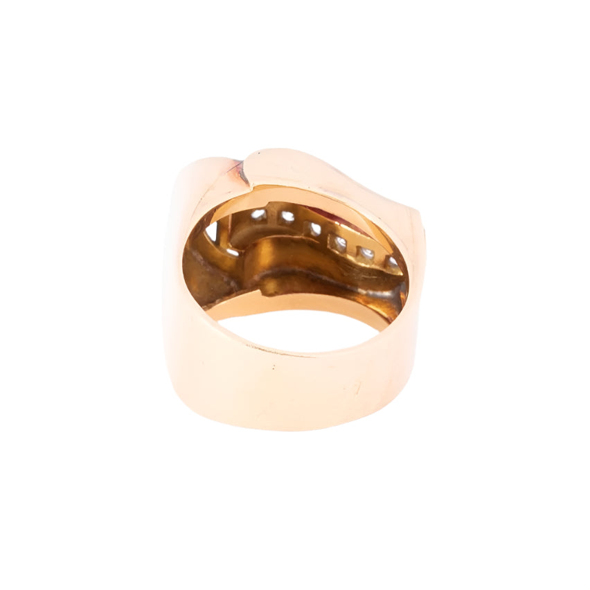 Bague tank en or rose,diamant et rubis de synthèses - Castafiore