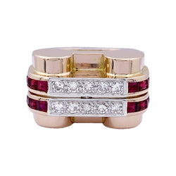 Bague Tank or jaune, platine, rubis et diamants - Castafiore