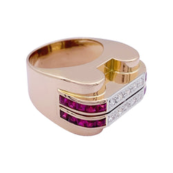 Bague Tank or jaune, platine, rubis et diamants - Castafiore