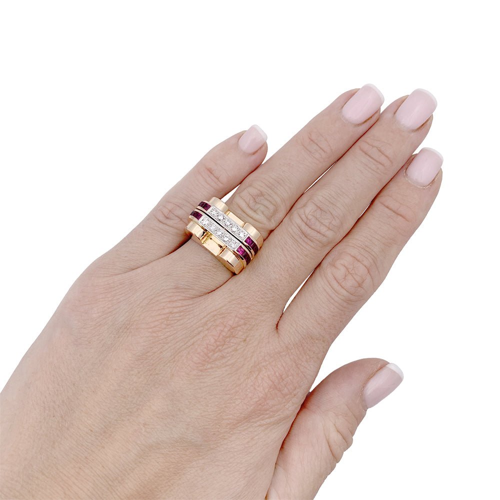 Bague Tank or jaune, platine, rubis et diamants - Castafiore