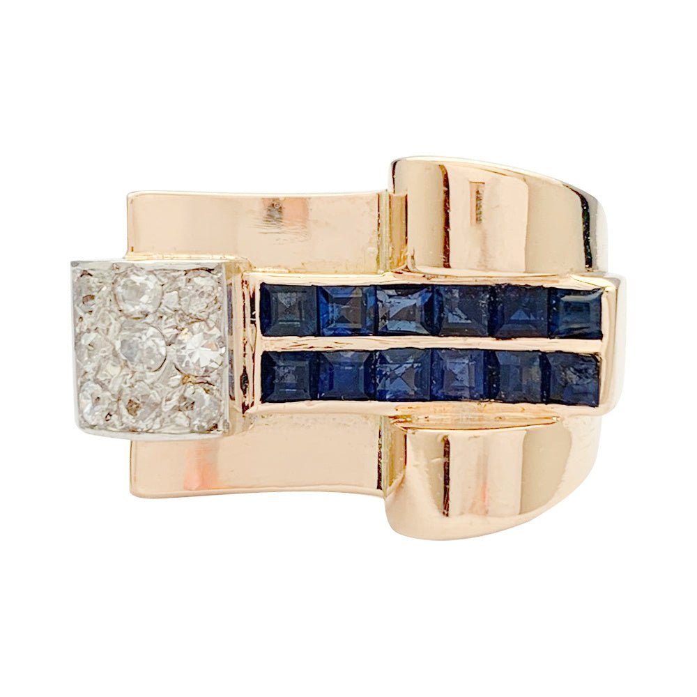 Bague Tank or rose, platine, saphirs, diamants - Castafiore