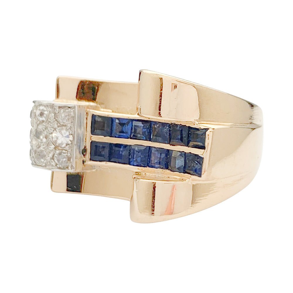 Bague Tank or rose, platine, saphirs, diamants - Castafiore