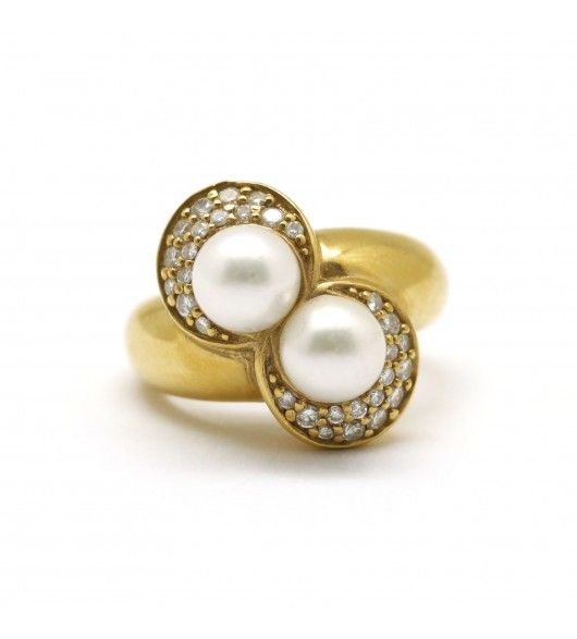 Bague Toi et Moi en or jaune, perles et diamants - Castafiore