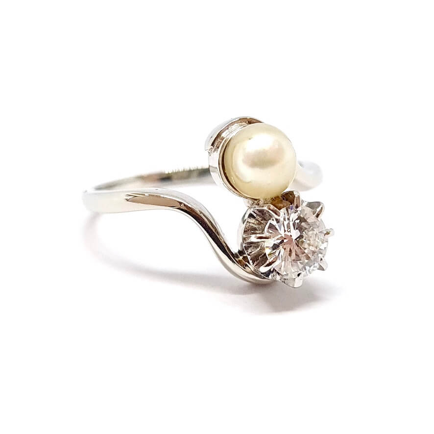 Bague Toi & Moi en or blanc 18 carats platine diamant perle - Castafiore