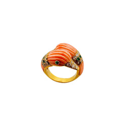 Bague VAN CLEEF & ARPELS "Cygnes" en or jaune, corail rose, émeraudes et diamants - Castafiore