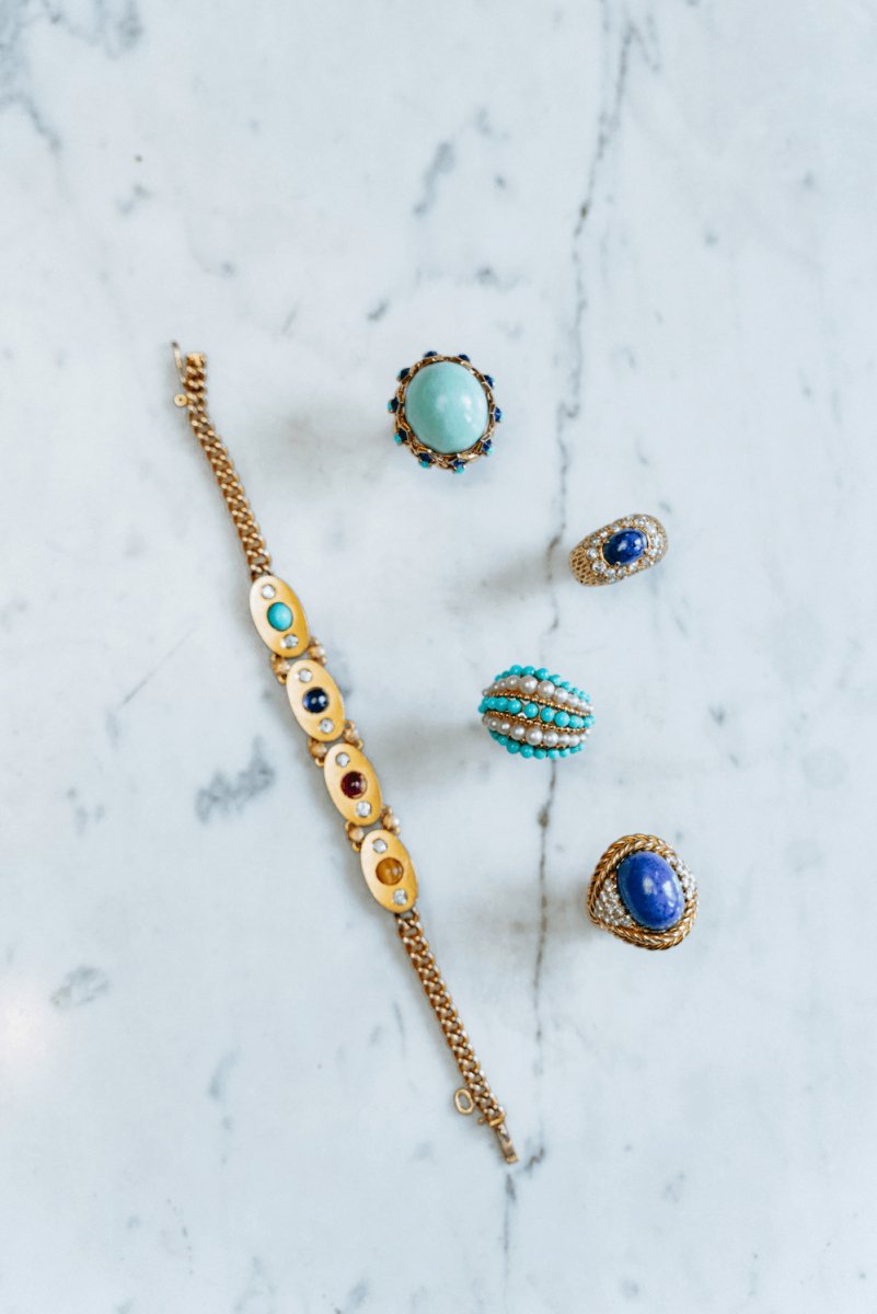 Bague VAN CLEEF & ARPELS en or jaune, perles et turquoises - Castafiore