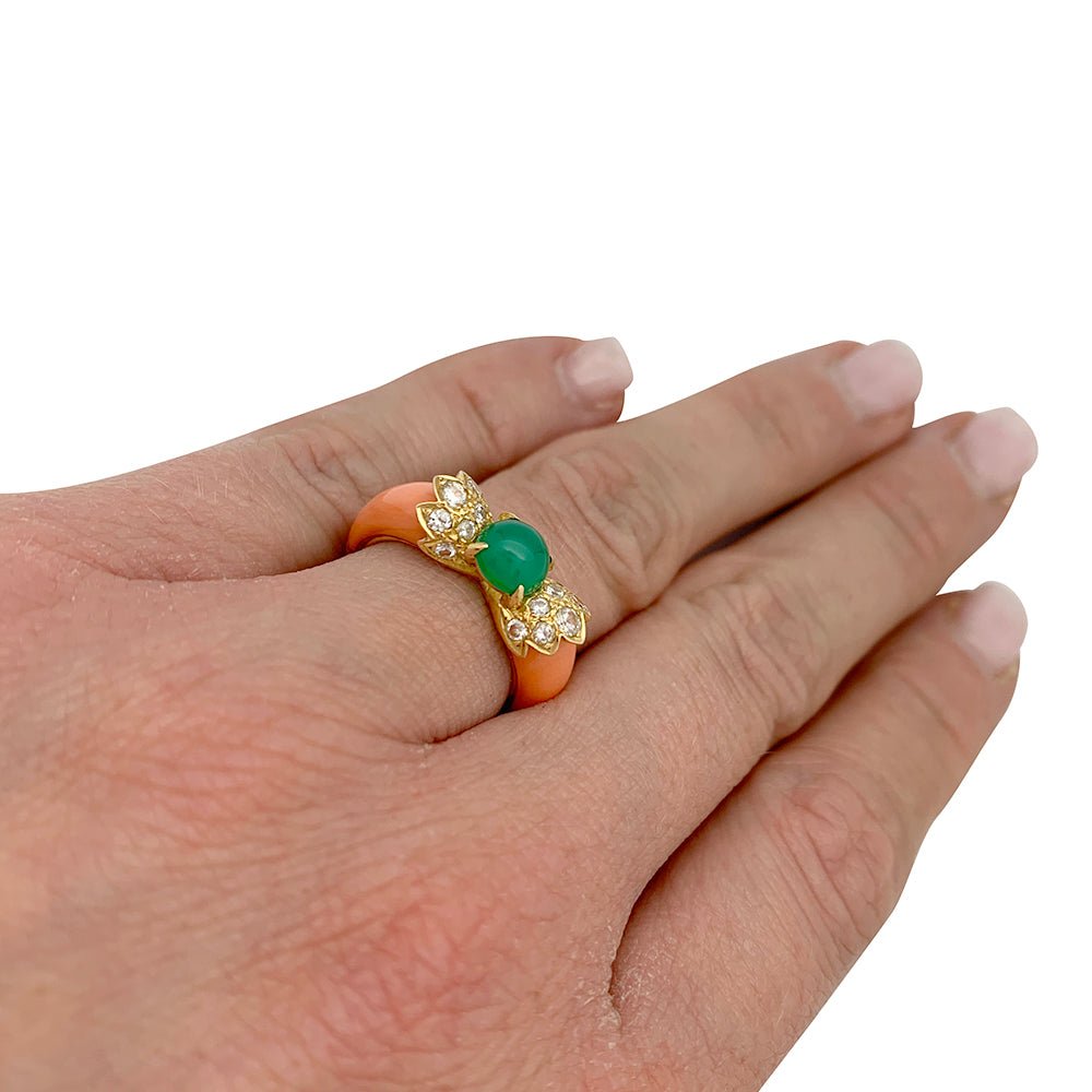 Bague vintage, corail, chrysoprase, diamants - Castafiore