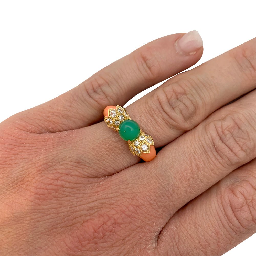 Bague vintage, corail, chrysoprase, diamants - Castafiore
