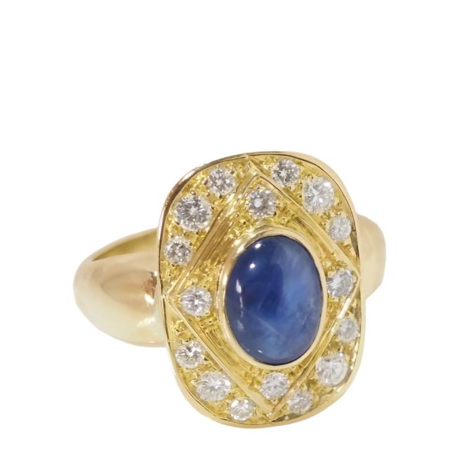 Bague vintage en or jaune,cabochon de saphir et diamants - Castafiore