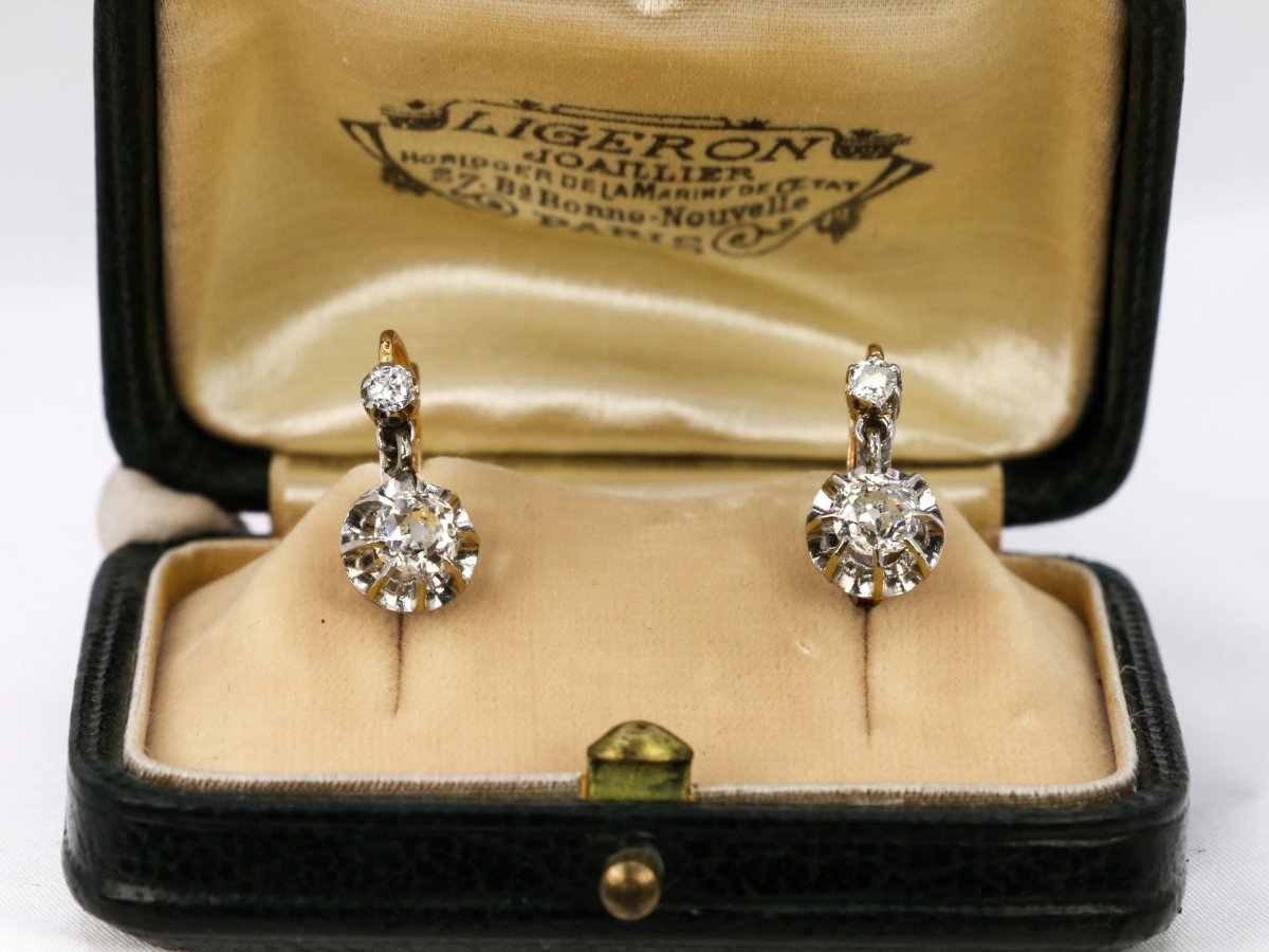 Boucle d’oreilles dormeuses anciennes en or, argent et diamants taille ancienne - Castafiore