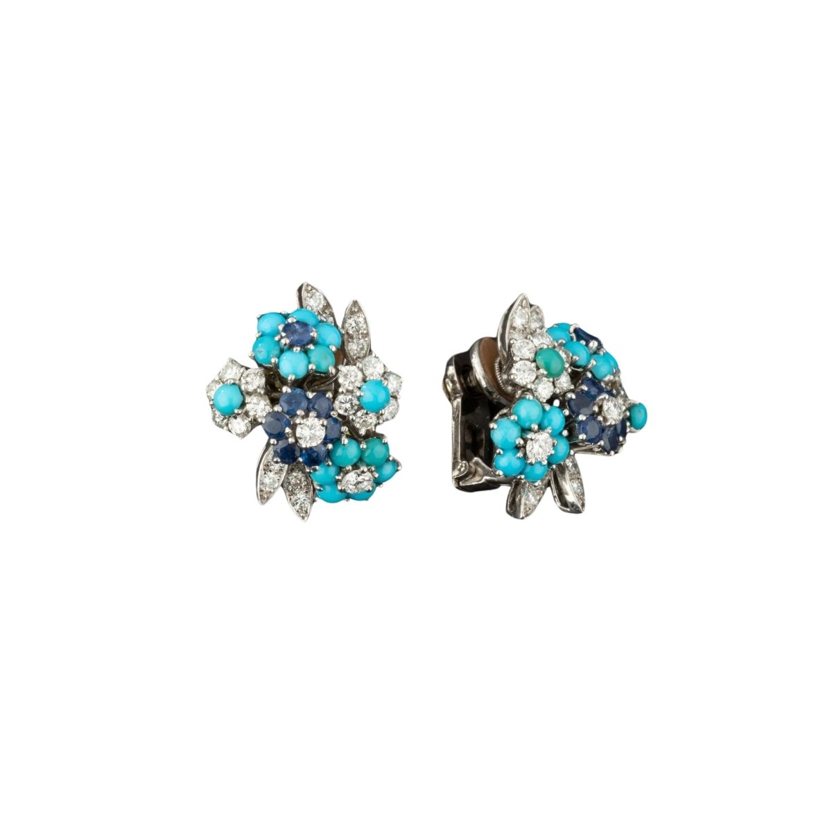 Boucles d'oreilles ALFRED HANNE en or, platine, turquoise, saphir et diamant - Castafiore