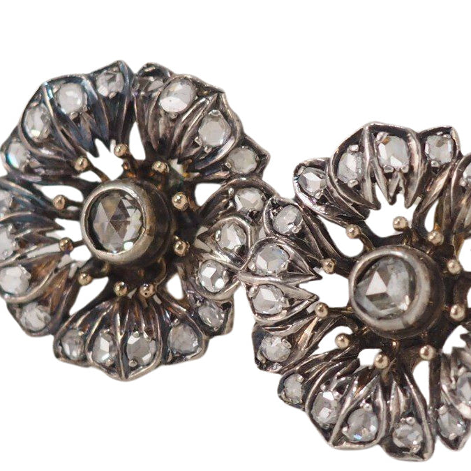 Boucles d'Oreilles Anciennes En Or Jaune Et Argent Ornées De Diamants - Castafiore